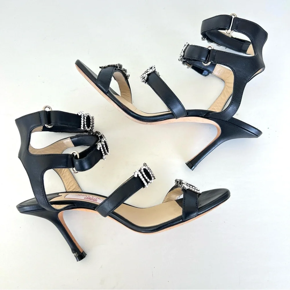 JIMMY CHOO x Ashley Williams Black Leather Crystal 100% Heel Sandals Sz 37.5